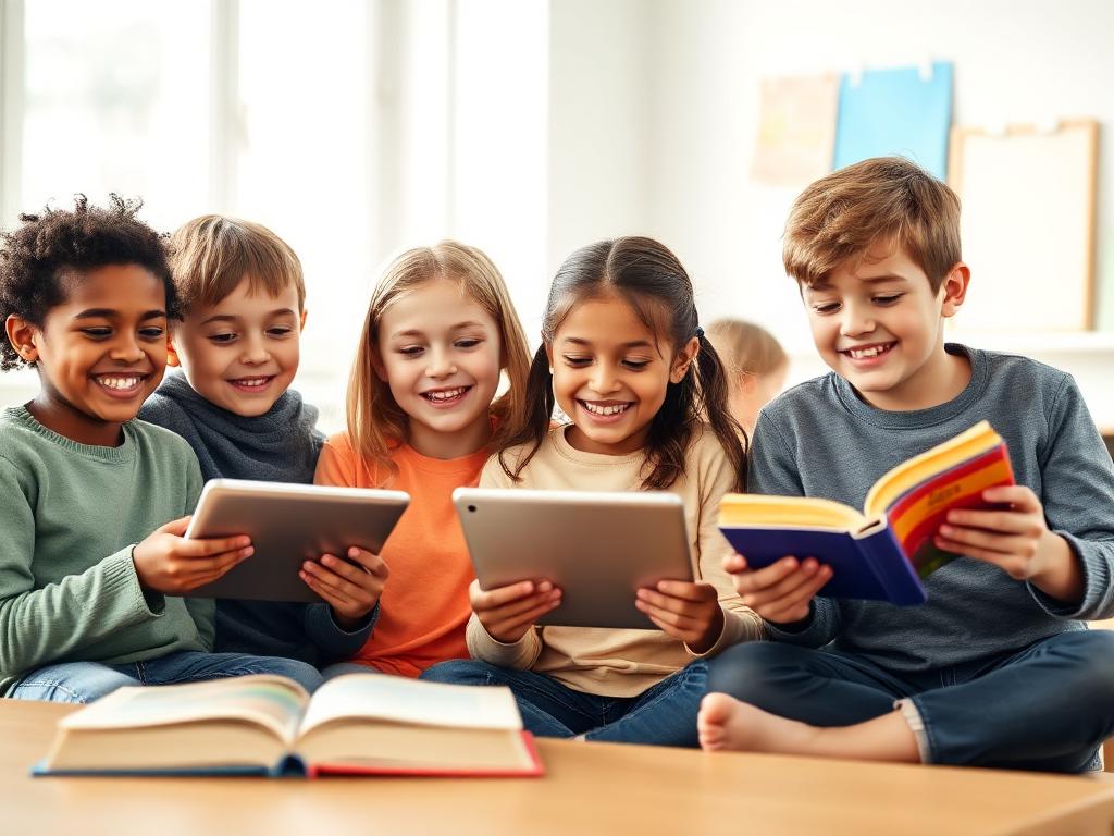 Kids happily learning German with tablets and books